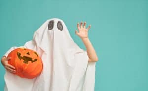 Classic halloween ghost costume made from materials around the house