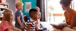 group of students reading with teacher
