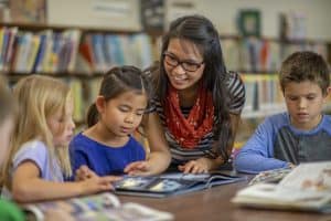 group of students reading in class with teacher