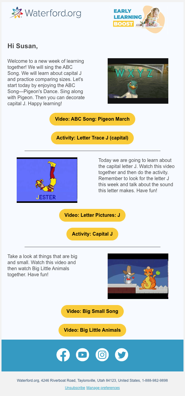 Image of sample email with early links to early learning activities for children